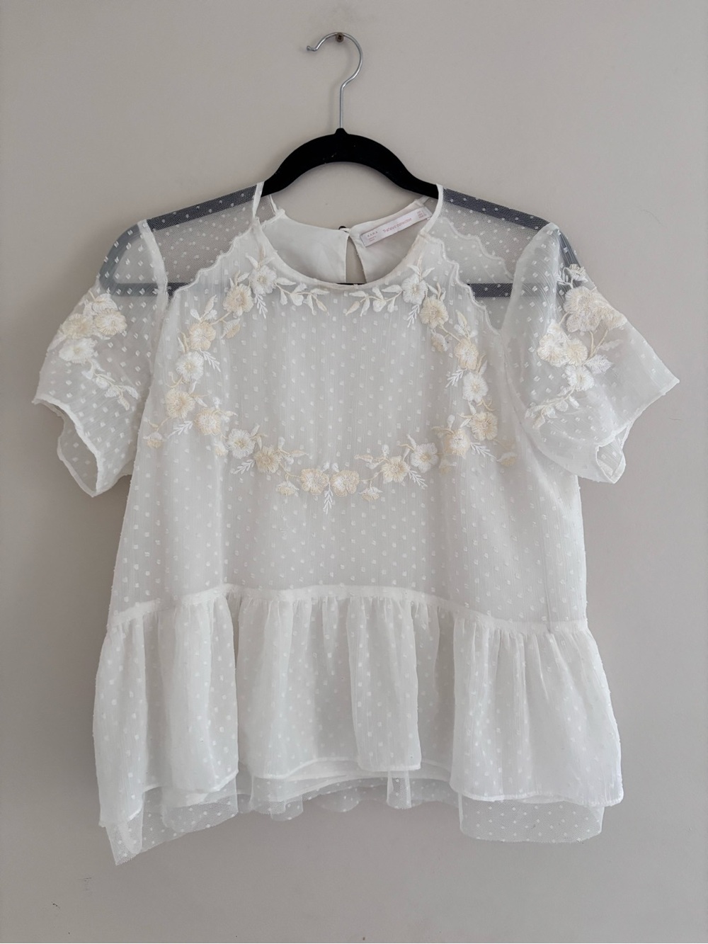 Zara White Sheer Embroidered Dot Peplum Blouse